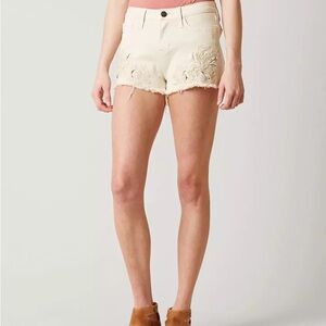 Daytrip Cream Jean Shorts with Scalloped Hem